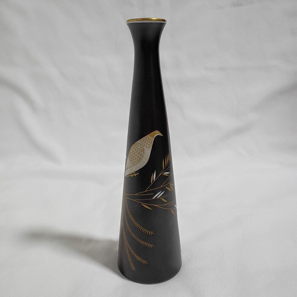 Rosenthal Porcelain Vase Model 3310 MCM Black Matte Bird Gold Geometric
